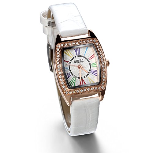 JewelryWe Analog Quarz Fashion Casual Leder Armband Uhr mit Strass farbigen Roemischen Ziffern Zifferblatt Weiss
