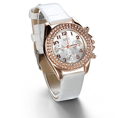JewelryWe Analog Quarz Fashion Luxus Leder Armband Uhr mit 2 Strass Linien Zifferblatt Weiss