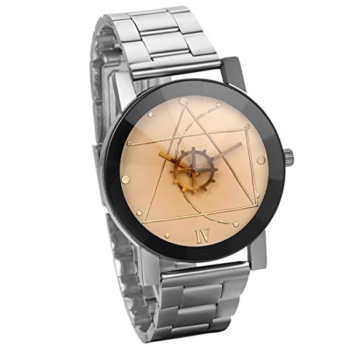 JewelryWe Retro Edelstahl Band Quarz Analog Uhr mit Zahnrad Geometrische Muster Zifferblatt Lieben Valentinstag Geschenk Silber Gelb
