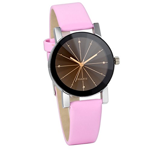 JewelryWe Analog Quarz Klassiker Elegant Business Casual Uhr mit Schwarz Rund Zifferblatt Pink Leder Armband