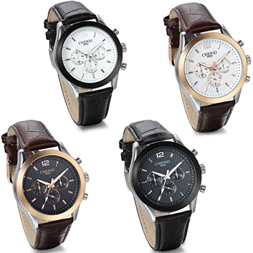 JewelryWe 4pcs Klassiker Business Casual Analog Quarz Uhr mit Leder Armband Runde Zifferblatt 4 Modellen