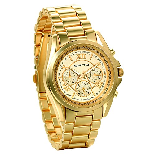 JewelryWe Herren Analog Quarz Klassiker Charm Edelstahl Armband Uhr mit Roemischen Ziffern Zifferblatt Gold