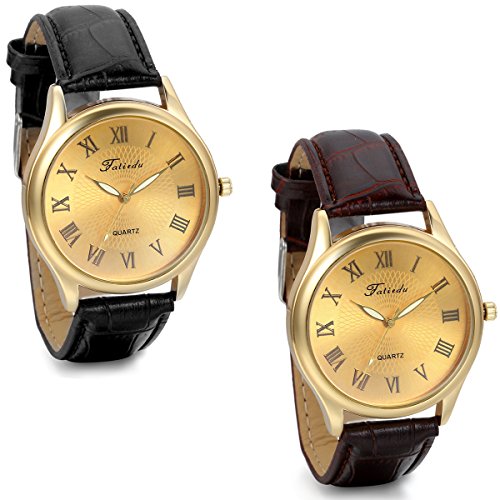 JewelryWe 2pcs Klassiker Business Analog Quarz Leder Armband Uhr mit Gold Roemischen Ziffern Zifferblatt Schwarz Braun