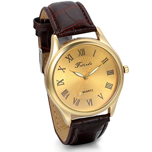 JewelryWe Klassiker Business Analog Quarz Leder Armband Uhr mit Gold Roemischen Ziffern Zifferblatt Braun