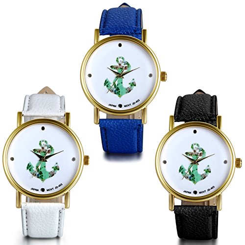 JewelryWe 3pcs Klassisch Retro Analog Quarz Leder Armband Uhr mit Basel Stil Piraten Anker Zifferblatt 3 Farben