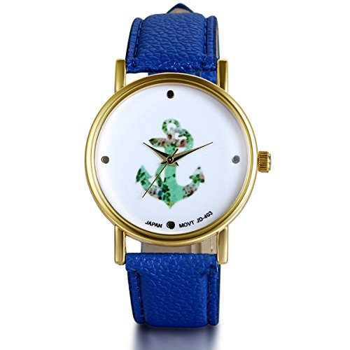 JewelryWe Klassisch Retro Analog Quarz Leder Armband Uhr mit Basel Stil Piraten Anker Zifferblatt Blau