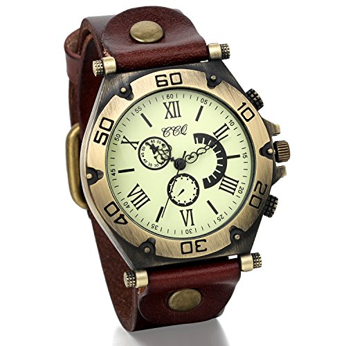 JewelryWe Unisex Armbanduhr Retro Leder Armband Quarz Analog Uhr klassisch drei Augen Design mit roemischen ziffern Zifferblatt braun