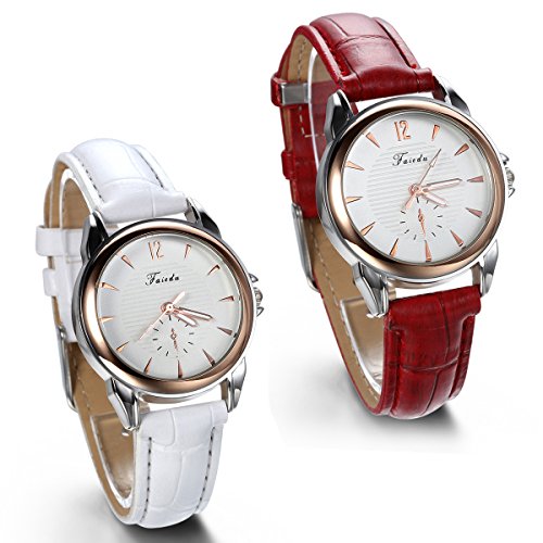 JewelryWe 2pcs Analog Quarz Klassische Business Casual Uhr mit Leder Armband Rot Weiss 20043972 red43972 white