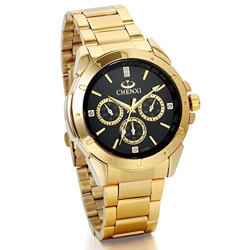 JewelryWe Analog Quarz Klassische Fashion Business Casual Uhr mit Edelstal Armband Schwarz Gold Zifferblatt Gold