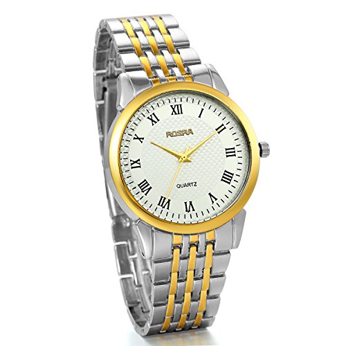 JewelryWe Analog Quarz Klassische Business Casual Sport Uhr mit Edelstahl Silber Gold Armband roemischen Ziffern Weiss Zifferblatt