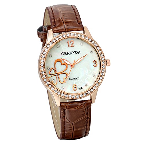 JewelryWe Damen Analog Quarz Fashion Elegant Leder Armband Uhr mit Strass Herz Kleeblatt Rosegold Zifferblatt Braun