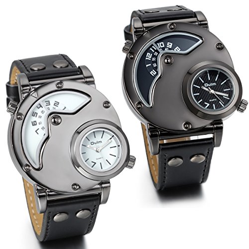 JewelryWe 2PCS Leder Legierung Elegant Casual Analog Quarz Sportuhr Armband Uhr mit Zwei Anzeigetafeln Schwarz Weiss Zifferblatt