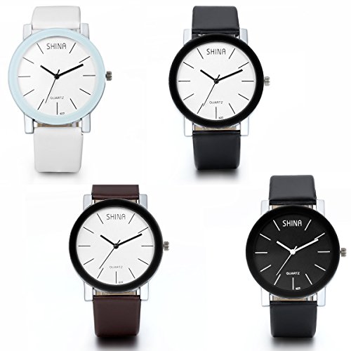 JewelryWe 4PCS Herren Leder Legierung Fashion Business Casual Analog Quarz Uhr mit Leder Armband 4 Modellen