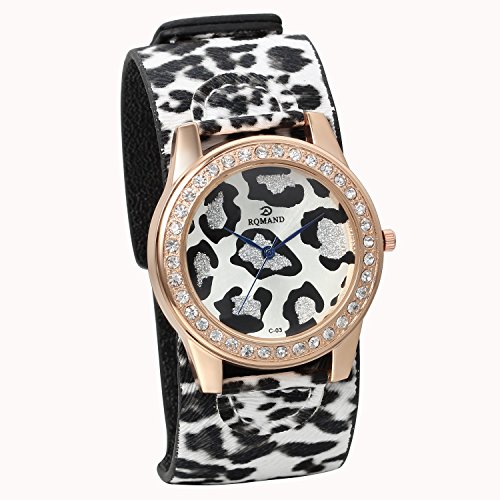 JewelryWe Herren Sexy Wild Strass Leopard Zifferblatt Analog Quarz Uhr mit Leopard Leder Armband Schwarz Weiss