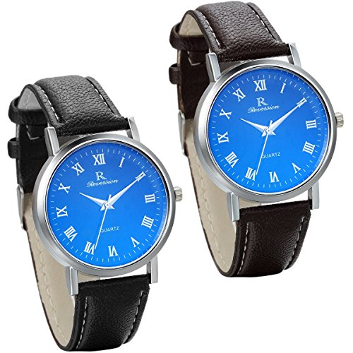 JewelryWe 2pcs Herren Leder Band Quarz Analog Uhr mit Blau Roemischen Ziffern Zifferblatt Schwarz Dunkelbraun