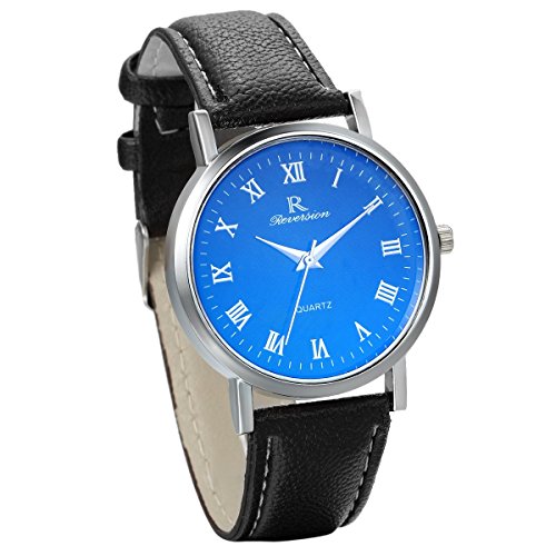 JewelryWe Herren Leder Band Quarz Analog Uhr mit Blau Roemischen Ziffern Zifferblatt Schwarz