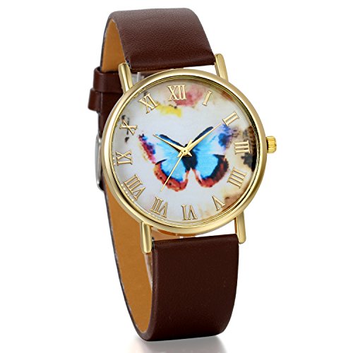 JewelryWe Exquisit Leder Analog Quarz Uhr mit Schmetterling Zifferblatt roemischen ziffern Zifferblatt braun