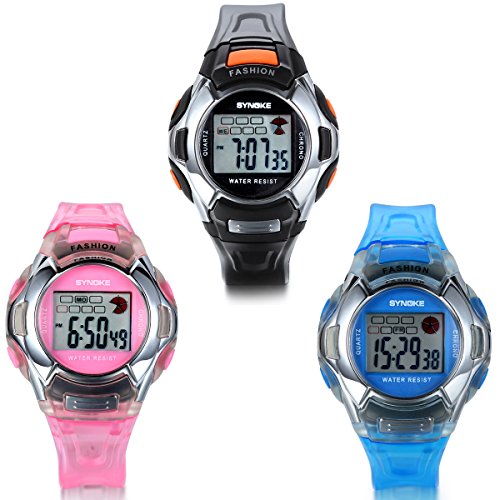 JewelryWe 3pcs Jungen Maedchen Studenten Multi funktion LED Digital Elektronische Sport Uhr mit Silikon Armband Schwarz Pink Blau