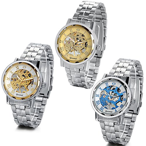 JewelryWe 3PCS Analog Handaufzug Fashion Business Transparent Steampunk Mechanische Uhr mit Edelstahl Armband Gold Blau Roemische Ziffern Zifferblatt