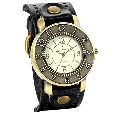 JewelryWe Retro Vintage Analog Quarz Uhr mit Digital Zifferblatt Breit Leder Armband Schwarz