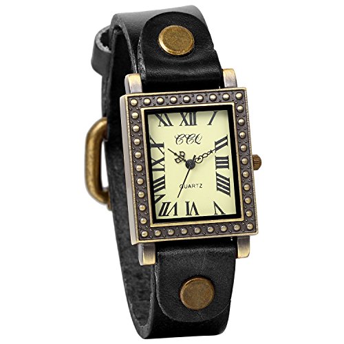 JewelryWe Retro Vintage Analog Quarz Uhr mit mit Roemische Ziffer Zifferblatt mit Leder Armband Schwarz