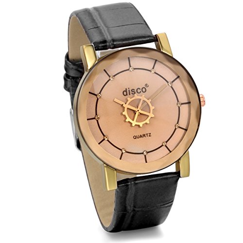 JewelryWe Vintage Zeitloses Design Analog Quarz Uhr mit Leder Armband Zahnrad Zeiger Schwarz