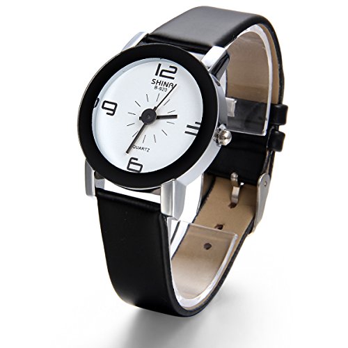 JewelryWe Analog Quarz Wasserdicht Fashion Einfach Casual Schwarz Leder Armband Uhr mit Weiss Digital Zifferblatt 20043960 W