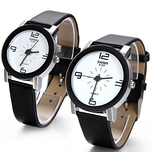 JewelryWe 2pcs Herren Analog Quarz Wasserdicht Fashion Einfach Casual Schwarz Leder Armband Uhr mit Weiss Digital Zifferblatt