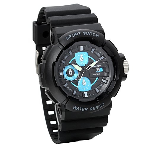 JewelryWe 30M Wasserdicht Kalender LED Sport Digital Uhr mit Schwarz Resin Armband Blau Zifferblatt