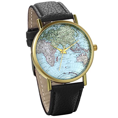 JewelryWe Retro Weltkarte Globus Karte World Map Leder Band Analog Quarz Uhr Bloggeruhr Geschenk Schwarz