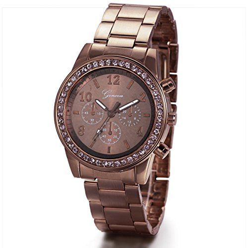 JewelryWe Unisex Damen Coffee Ton Edelstahl Armband Uhr mit Strass Akzent Luenette Armbanduhr