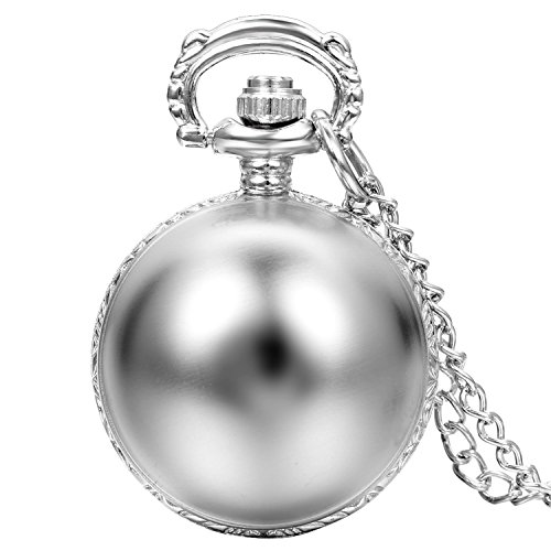 JewelryWe Fashion Glaenzend Poliert Taschenuhr Analog Quarz Uhr Kettenuhr Halskette Kette Silber