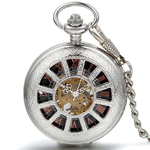 JewelryWe Steampunk Handaufzug mechanische Taschenuhr Retro geometrische Muster Herren Kettenuhr Uhr mit Halskette Kette Umhaengeuhr Vatertag Geschenk Silber