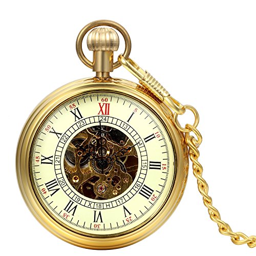 JewelryWe Retro Handaufzug mechanische Taschenuhr Skelett Uhr mit Roemischen Ziffern Zifferblatt Kettenuhr Halskette Kette Gold