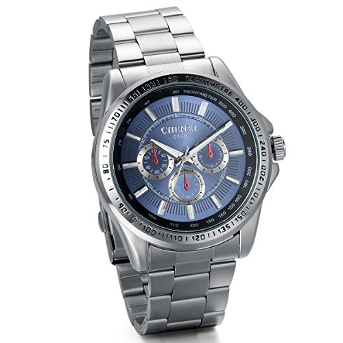 JewelryWe Business Casual Sport Analog Quarzuhr Uhr mit Edelstahl Armband Blau Zifferblatt
