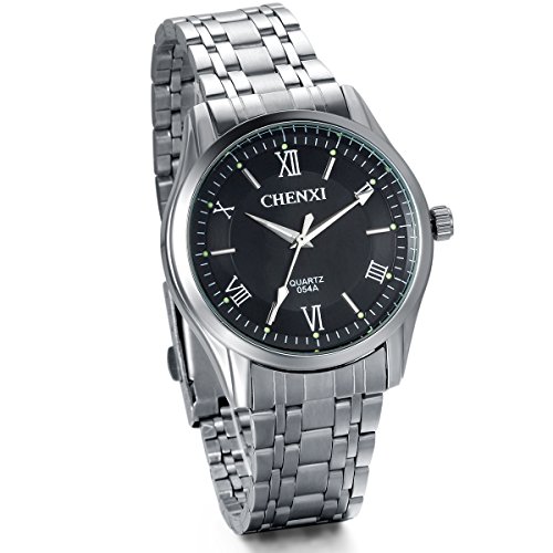 JewelryWe Analog Quarz Business Casual Edelstahl Armband Uhr mit Schwarz Roemischen Ziffern Zifferblatt LED Licht