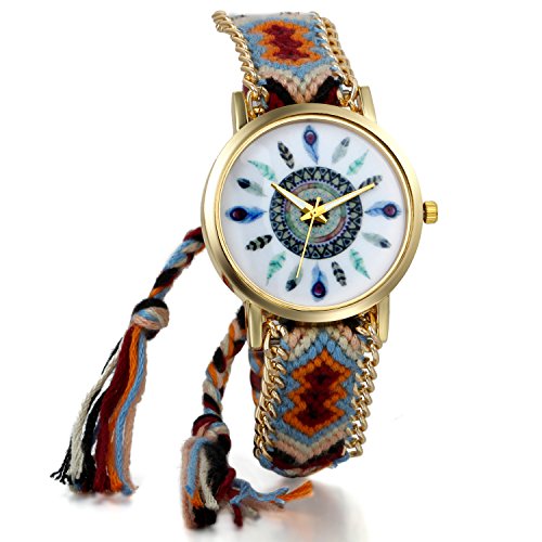 JewelryWe Damen Geflochten Armbunduhr Jugendliche Maedchen Armreif Uhr Vintage Indianerstaemme Zifferblatt Einstellbar Quarzuhr braun