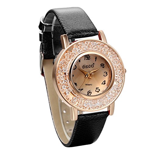 JewelryWe Damen Analog Quarz Elegant Charm Leder Armband Uhr mit Strass Digital Zifferblatt Schwarz
