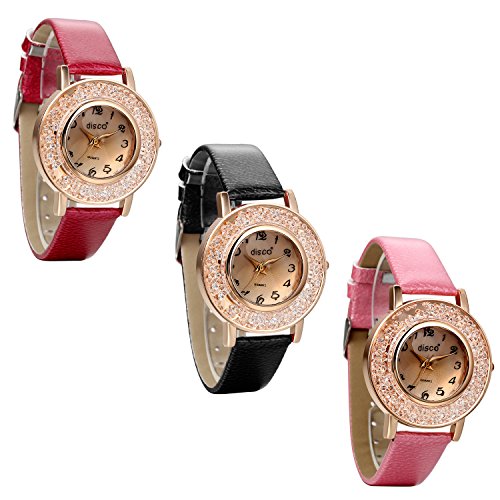 JewelryWe 3pcs Damen Analog Quarz Elegant Charm Leder Armband Uhr mit Strass Digital Zifferblatt Pink Rot Schwarz