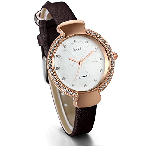 JewelryWe Damen Analog Quarz Fashion Elegant Leder Armband Uhr mit Strass Herz Kleeblatt Zifferblatt Braun