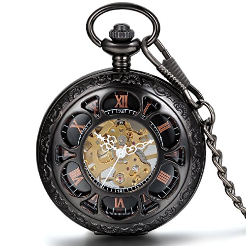 JewelryWe Vintage Taschenuhr Herren Handaufzug mechanische Kettenuhr Skelett Uhr mit Halskette Kette Umhaengeuhr Pocket Watch Vatertag Geschenk Schwarz