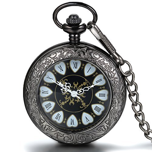 JewelryWe Herren Damen Taschenuhr Vintage roemische Ziffern Zifferblatt Kettenuhr Handaufzug Mechanische Uhr mit Halskette Kette Umhaengeuhr Pocket Watch Geschenk Schwarz sein