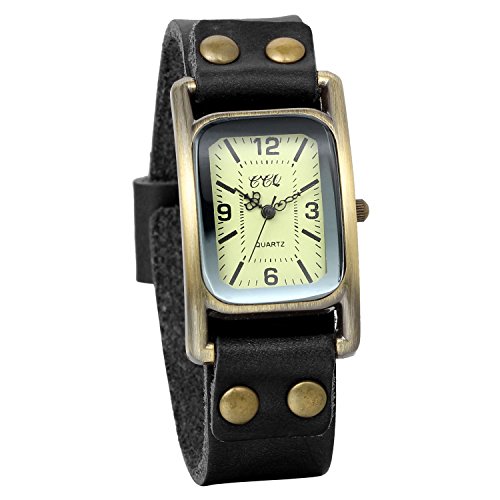 JewelryWe Damen Herren Vintage Casual Armbanduhr Retro Leder Band Quarz Analog Uhr mit Digital Zifferblatt Schwarz