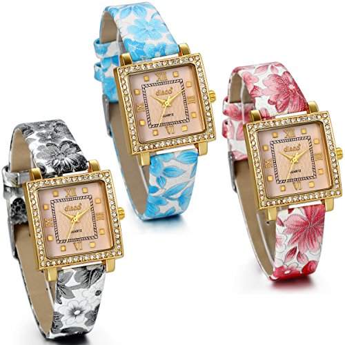 JewelryWe Damen Maedchen Armbanduhr, Fashion Analog Quarz Uhr mit gedruckt Blumen Leder Armband & Quadrat Strass Zifferblatt, Blau Gold