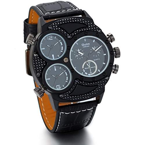 JewelryWe Herren Armbanduhr, Analog Quarz, Fashion grosse Casual Sport Leder Armband Uhr mit Schwarz 3 Zeitzonen Zifferblatt