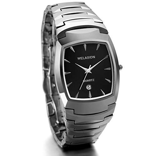 JewelryWe Herren Armbanduhr, Luxus Edle Business Casual Kalender Analog Quarz Uhr mit Wolfram Wolframcarbid Armband, Silber
