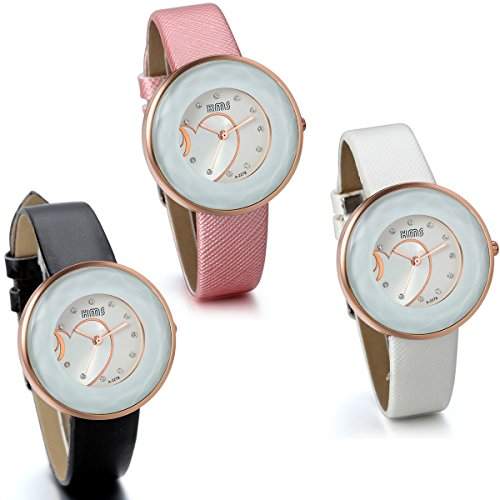 JewelryWe Damen Maedchen Armbanduhr, Analog Quarz, Fashion Einzigartig Leder Armband Uhr mit Semi-Herz Strass Zifferblatt, Pink