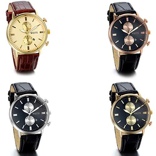 JewelryWe 4pcs Set Herren Armbanduhr, Business Casual Kalender Analog Quarz Uhr mit Leder Armband, 4 Modellen