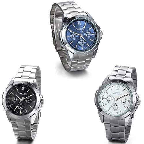 JewelryWe 3pcs Herren Armbanduhr, Business Casual Analog Quarz Uhr mit Edelstahl Armband, Blau Schwarz Weiss Zifferblatt