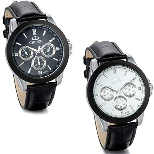 JewelryWe 2pcs Herren Armbanduhr, Einfach Business Casual Analog Quarz Uhr mit Leder Armband, Schwarz Weiss Rund Zifferblatt